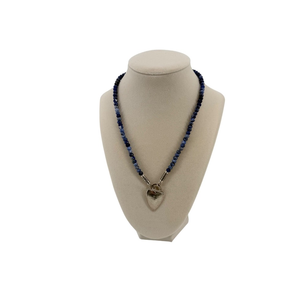 Ruth Jewelry Sterling Silver Sodalite Beaded Heart Pendant Necklace Israel 18"